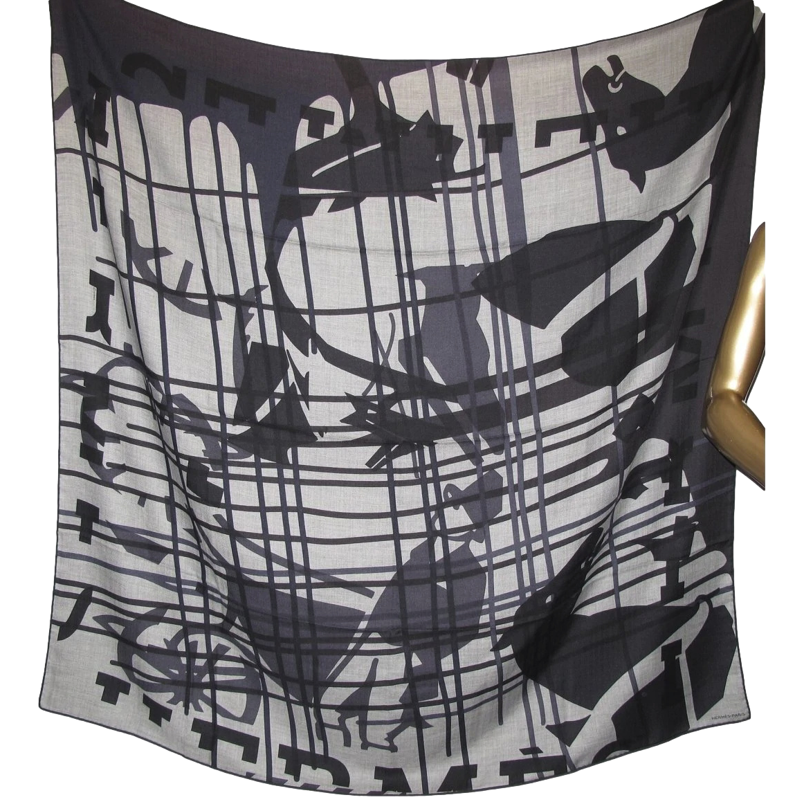 Hermes [S13] 2019 Dark Grey Chine Navy IMPRIMEUR FOU LIQUID PUZZLE by Cyrille Diatkine/Joachim Metz Cashmere Shawl 140 