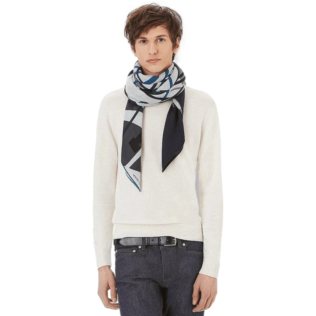 Hermes [S16] 2019 Grey Light Chine King Blue Anthracite IMPRIMEUR FOU LIQUID PUZZLE by Cyrille Diatkine/Joachim Metz Cashmere Shawl 140