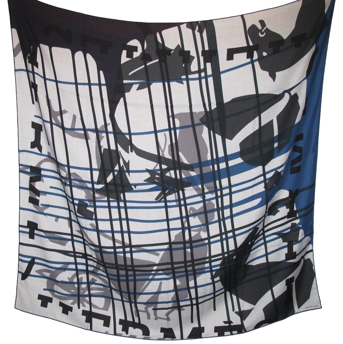 Hermes [S16] 2019 Grey Light Chine King Blue Anthracite IMPRIMEUR FOU LIQUID PUZZLE by Cyrille Diatkine/Joachim Metz Cashmere Shawl 140
