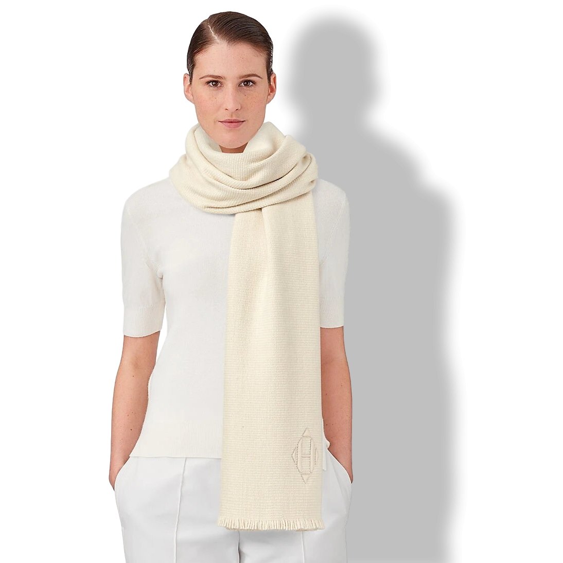 Hermes Ivoire Fringed 100% Cashmere ETOLE CRAFT Muffler Hand Woven in Nepal 77 x 230 cm, BNWT! - poupishop