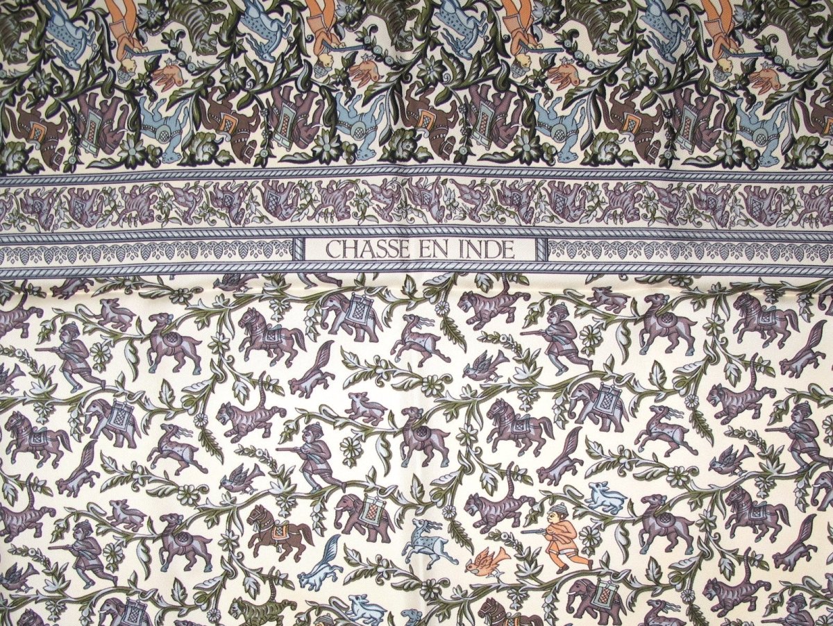 Hermes Ivory Grey Chasse en Inde by Michel Duchene Twill 90cm, New! - poupishop