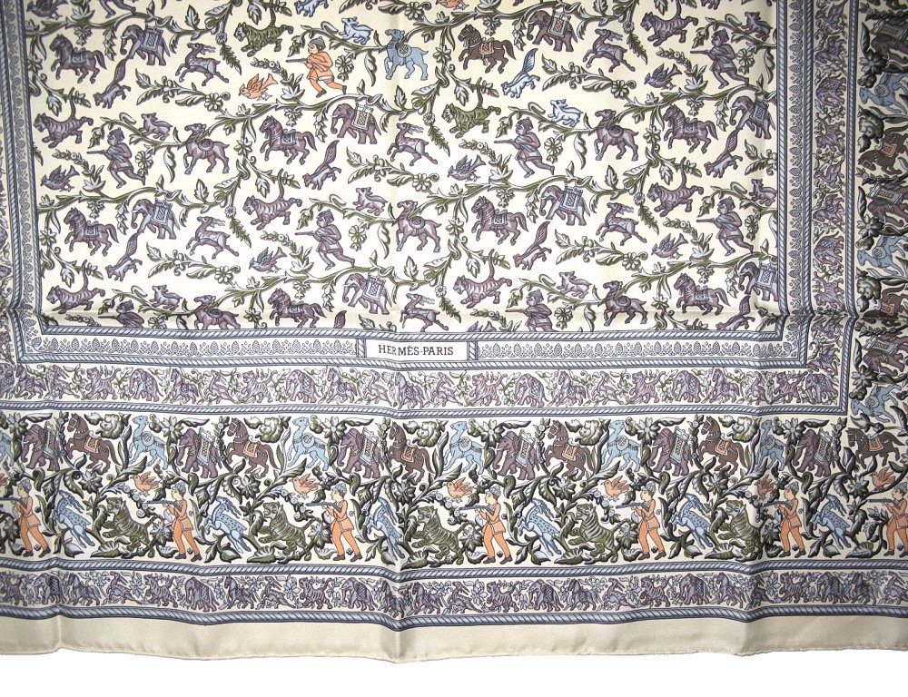Hermes Ivory Grey Chasse en Inde by Michel Duchene Twill 90cm, New! - poupishop