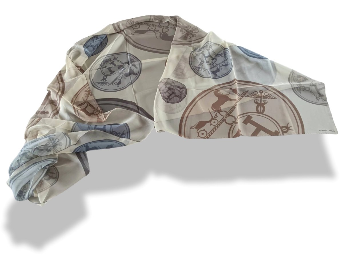 Hermes Ivory/Grey/Etoupe Chic Palette CONFETTIS D'EX LIBRIS Mousseline Silk Stole, New! - poupishop