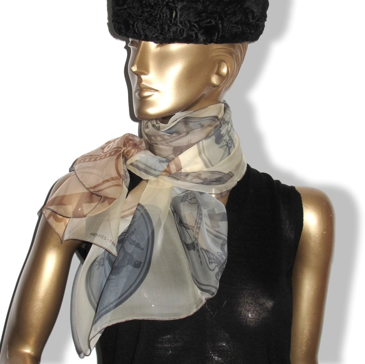 Hermes Ivory/Grey/Etoupe Chic Palette CONFETTIS D'EX LIBRIS Mousseline Silk Stole, New! - poupishop