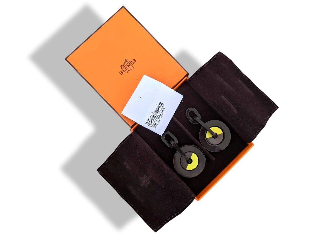 Hermes [J07] Jaune Tennis/Bleu Ocean Laquered Horn ECLIPSE Drop Earrrings, BNWTIB! - poupishop