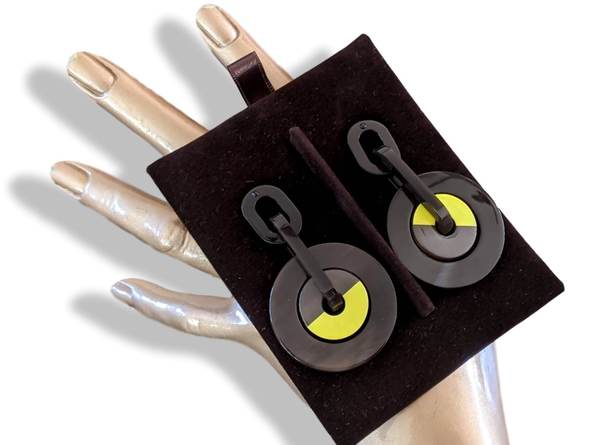 Hermes [J07] Jaune Tennis/Bleu Ocean Laquered Horn ECLIPSE Drop Earrrings, BNWTIB! - poupishop
