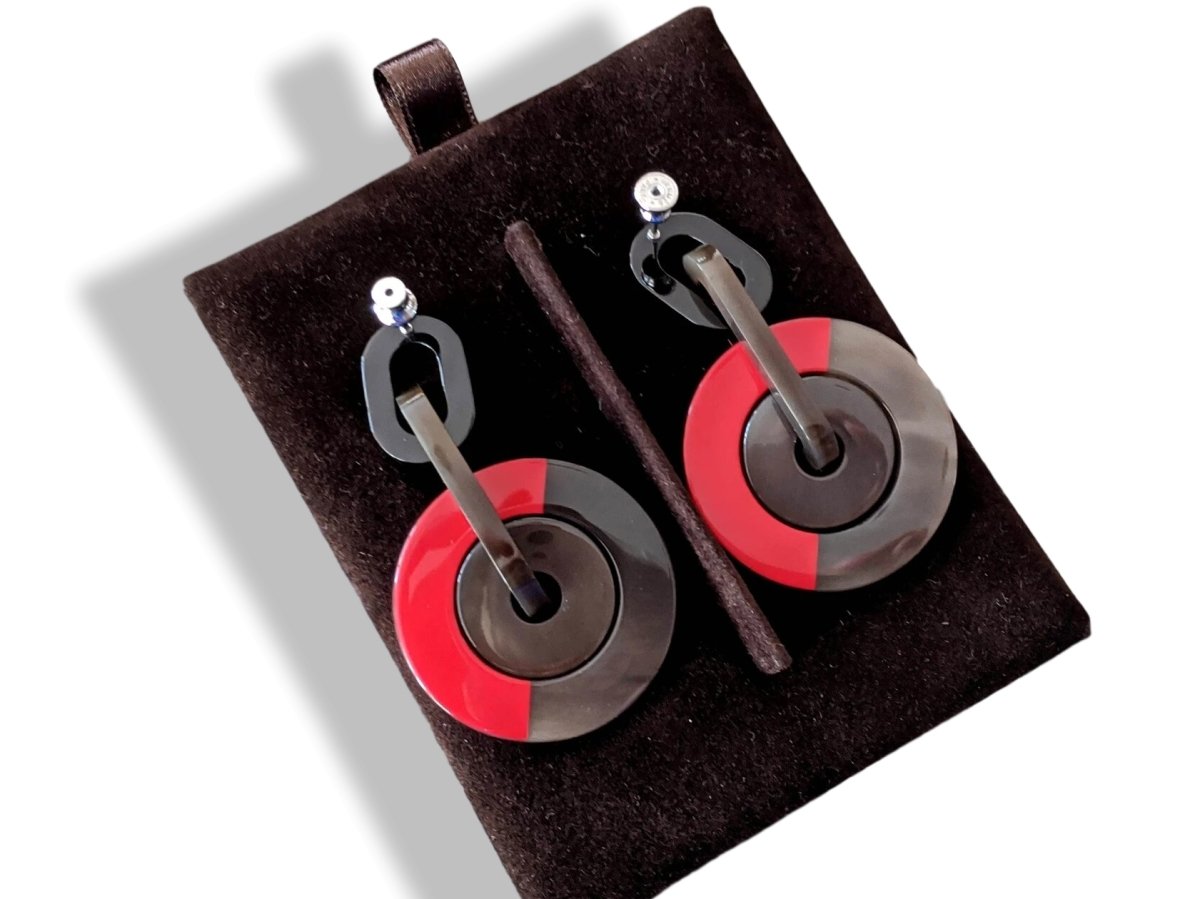 Hermes [J08] Orange/Red Laquered Horn ECLIPSE Drop Earrrings, NWTIB! - poupishop