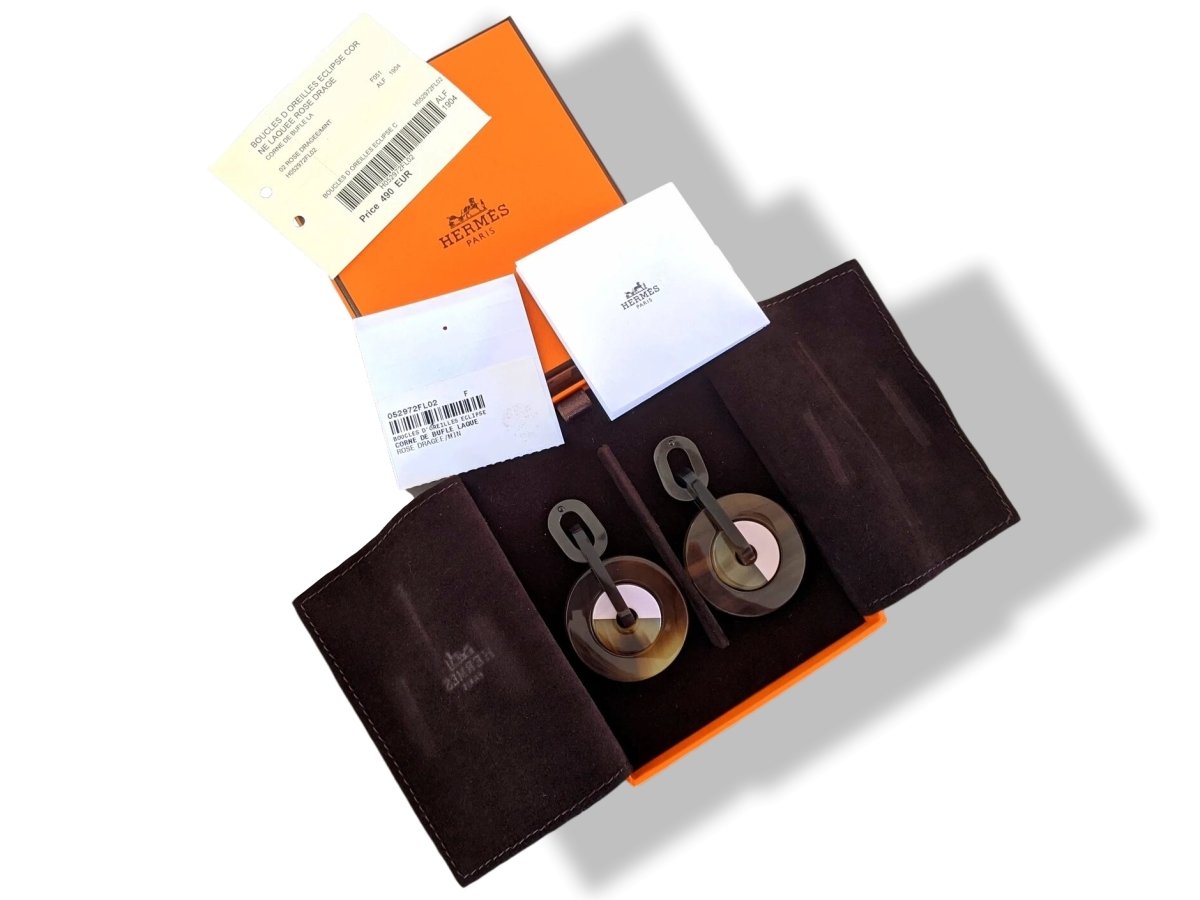 Hermes [J09] Rose Dragee/Mint Laquered Horn ECLIPSE Drop Earrrings, NWTIB! - poupishop