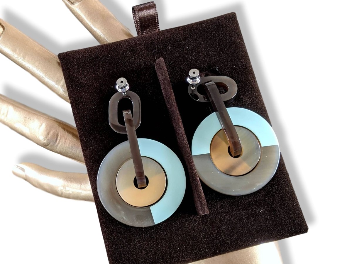 Hermes [J09] Rose Dragee/Mint Laquered Horn ECLIPSE Drop Earrrings, NWTIB! - poupishop