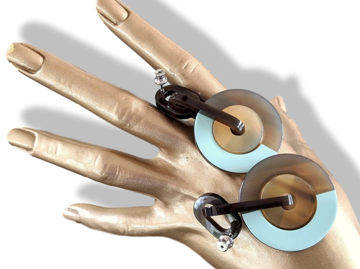 Hermes [J09] Rose Dragee/Mint Laquered Horn ECLIPSE Drop Earrrings, NWTIB! - poupishop