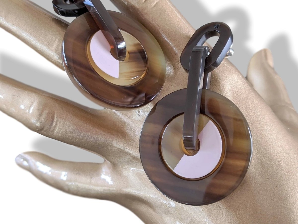 Hermes [J09] Rose Dragee/Mint Laquered Horn ECLIPSE Drop Earrrings, NWTIB! - poupishop