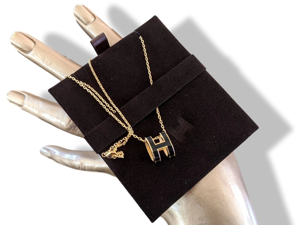 Hermes [J10] Black Laquered and Plated Yellow Gold POP H Pendant, BNIB! - poupishop