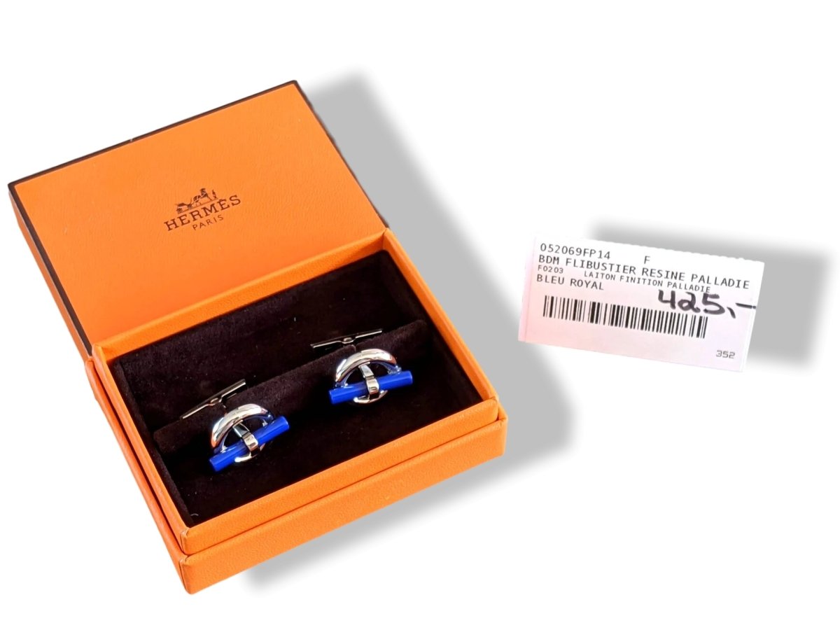 Hermes [J12] Bleu Royal/Argent Resine/Palladium FLIBUSTIER Cufflinks, NWTIB! - poupishop