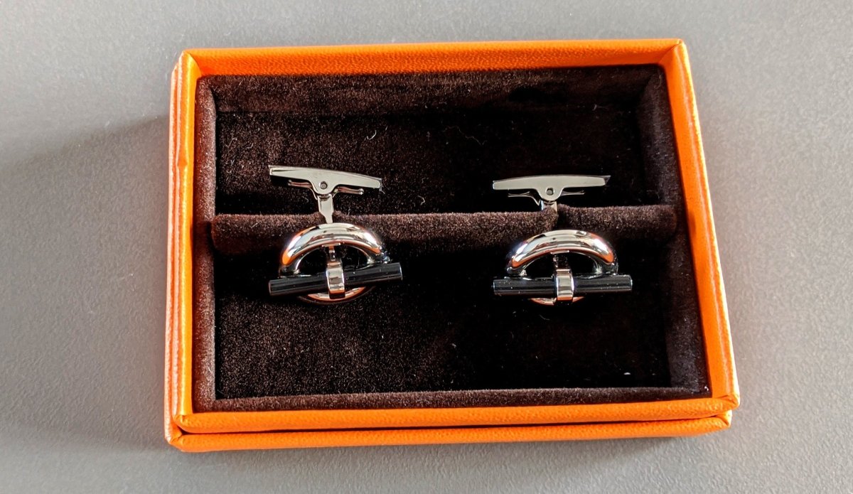 Hermes [J13] Noir/Argent Resine/Palladium FLIBUSTIER Cufflinks, NWTIB! - poupishop