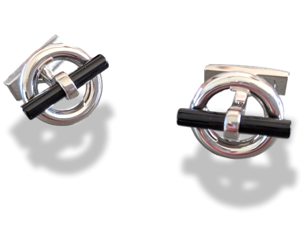 Hermes [J13] Noir/Argent Resine/Palladium FLIBUSTIER Cufflinks, NWTIB! - poupishop