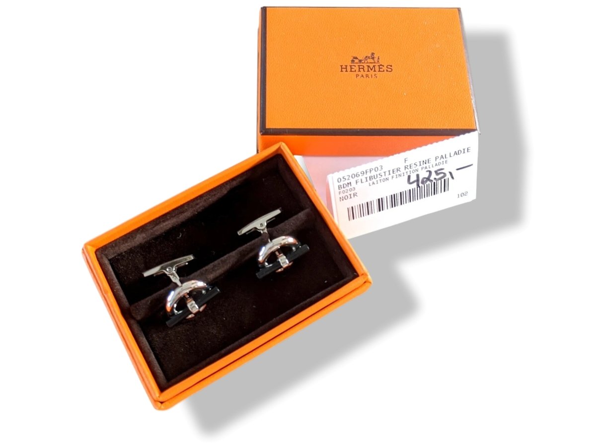 Hermes [J13] Noir/Argent Resine/Palladium FLIBUSTIER Cufflinks, NWTIB! - poupishop