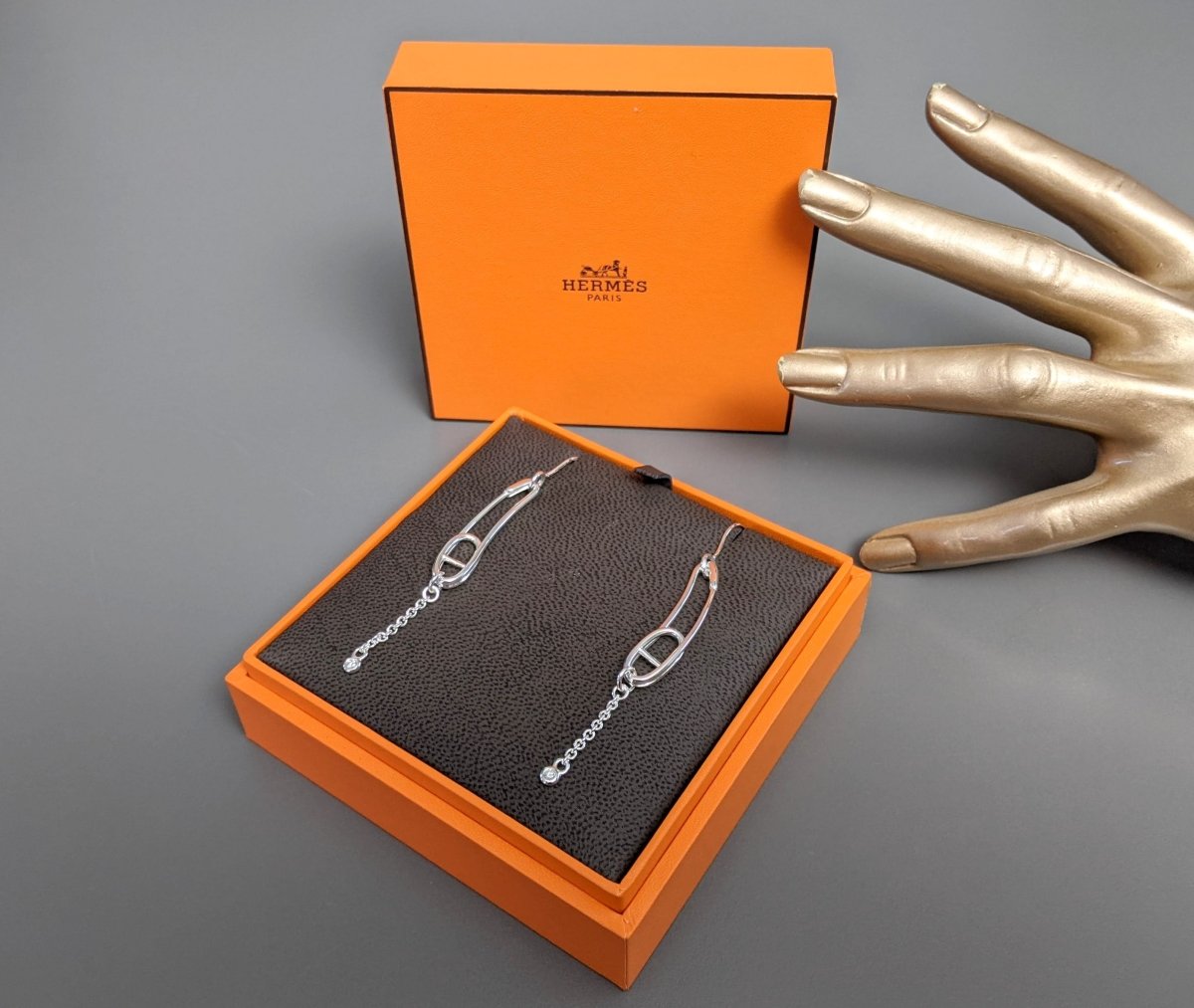 Hermes [J20] Sterling Silver & Diamonds CHAINE D'ANCRE PUNK Earrings, Small Model, NIB! - poupishop