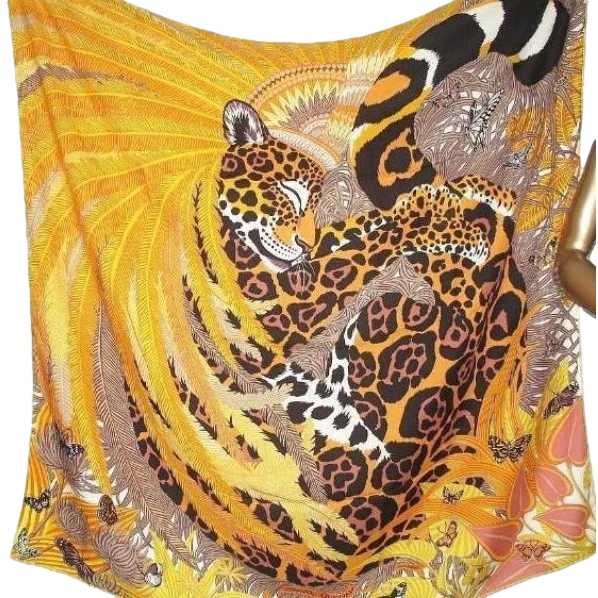 Hermes 2018 Yellow/Black/Gold Jaguar Quetzal by Alice Shirley Cashmere Shawl 140 
