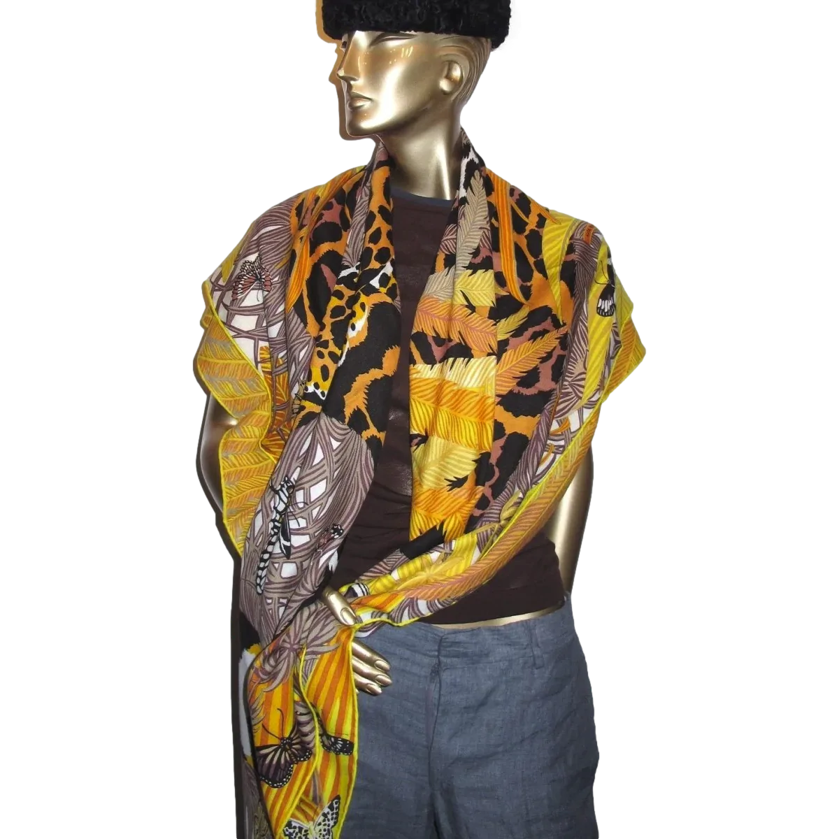 Hermes 2018 Yellow/Black/Gold Jaguar Quetzal by Alice Shirley Cashmere Shawl 140 