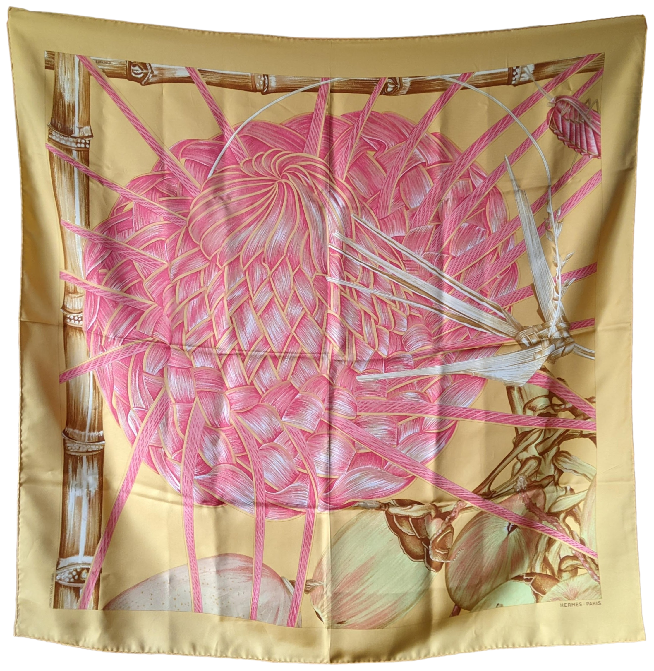 HERMES 1994 JARDIN CREOLE DETAIL Twill Silk Scarf 90