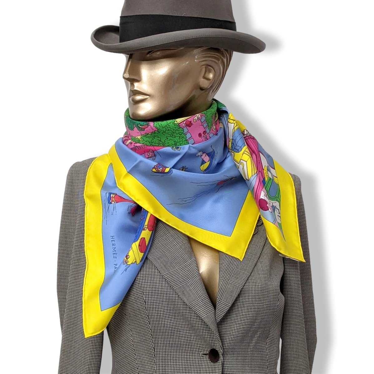 Hermes Jaune/Fuchsia/Blue "The Battery New-York" by Ugo Gattoni Twill Silk Carre 90cm, NIB! - poupishop