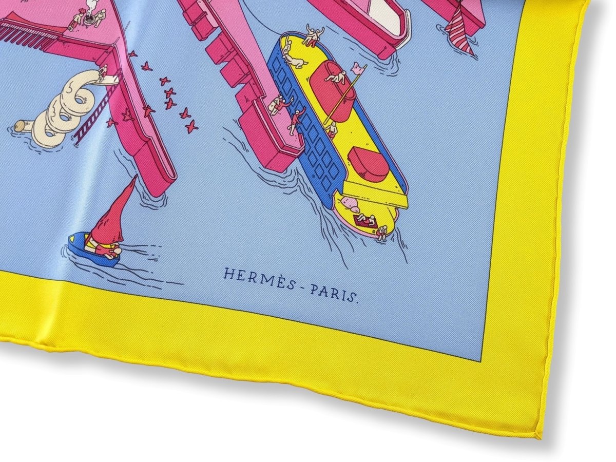 Hermes Jaune/Fuchsia/Blue "The Battery New-York" by Ugo Gattoni Twill Silk Carre 90cm, NIB! - poupishop
