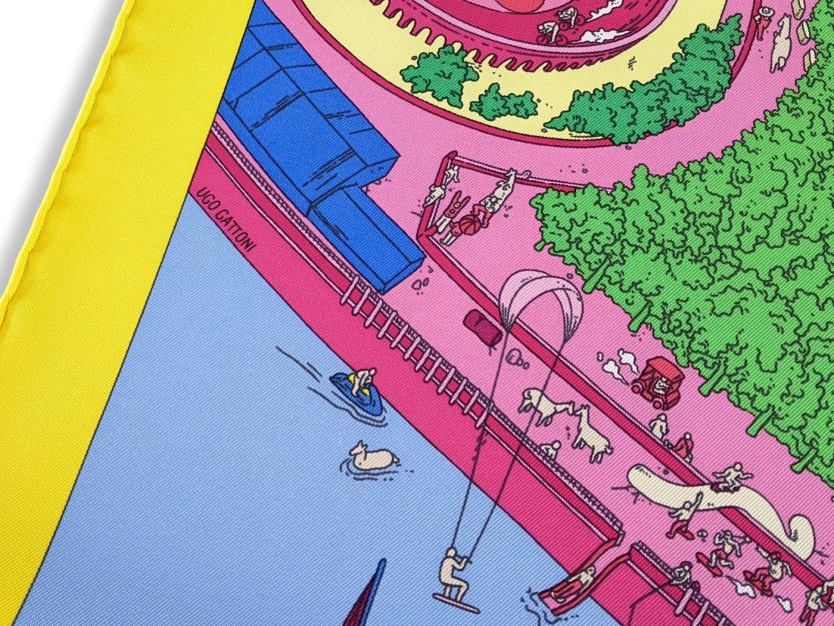 Hermes Jaune/Fuchsia/Blue "The Battery New-York" by Ugo Gattoni Twill Silk Carre 90cm, NIB! - poupishop
