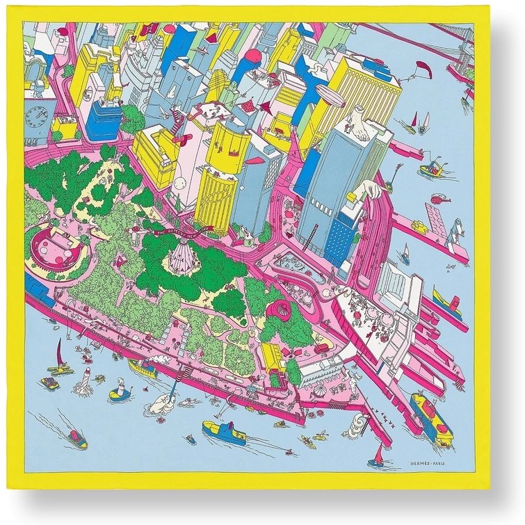 Hermes Jaune/Fuchsia/Blue "The Battery New-York" by Ugo Gattoni Twill Silk Carre 90cm, NIB! - poupishop