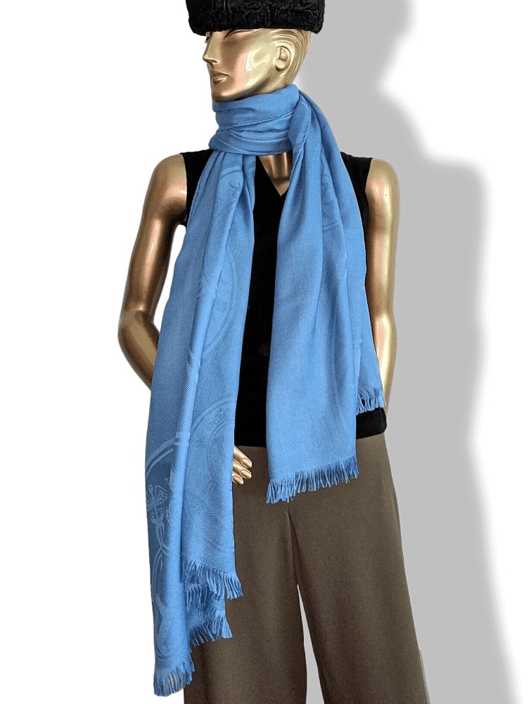 Hermes Jean Blue ETOLE NEW LIBRIS CONFESSIONS D'EX-LIBRIS Muffler Fringed 85% Cashmere/15% Silk 75 x 210 cm, BNWT! - poupishop