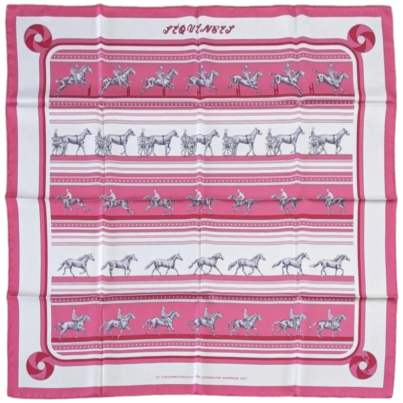 Hermes 2007 Rose Bonbon/Blanc/Gris Special Issue Jumping SEQUENCES FEI by Caty Latham Twill 90cm