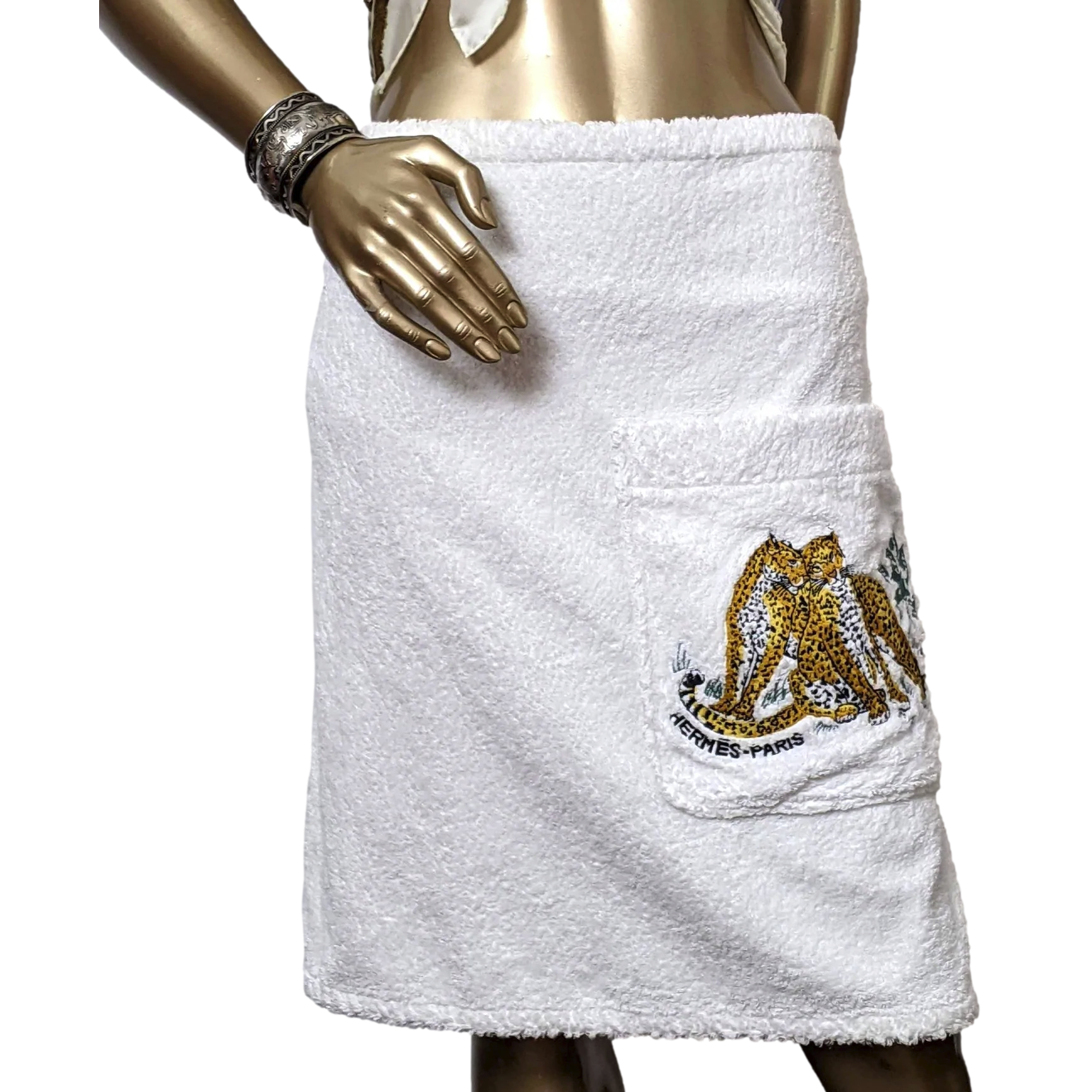 Hermes Vintage Embroidered "Jungle Love" Velcro Terry Beach Skirt with Large Pocket