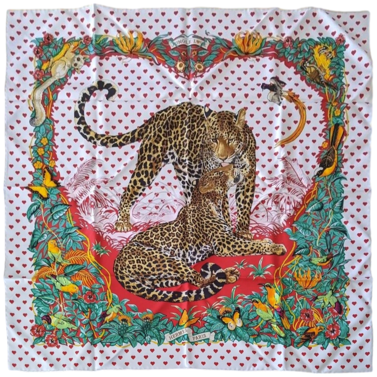 Hermes [C43] Special Issue Blanc/Rouge/Vert Coeur JUNGLE LOVE LOVE by Robert Dallet Twill 90cm