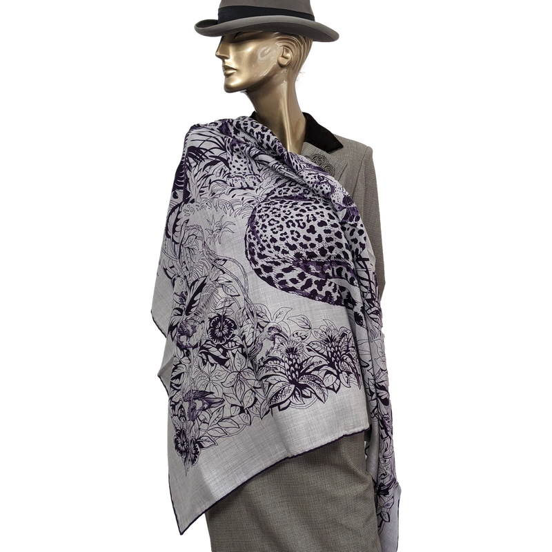 Hermes Gris [C210] Chiné/Iris "Jungle Love Tattoo" by Robert Dallet Cashmere 140 cm