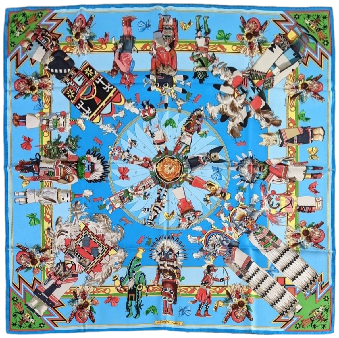 Hermes 1992 Vintage Turquoise Kachinas by Kermit Oliver with Blanc Matte Overlay Twill 90cm