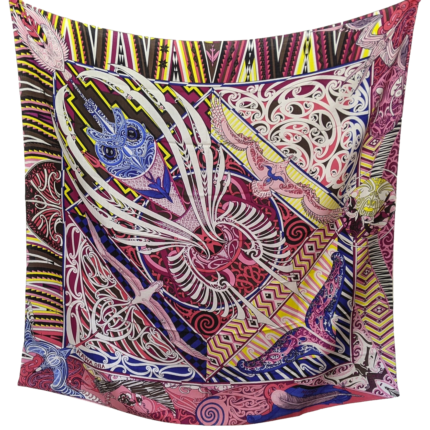 Hermes Fuchsia/Marron/Jaune "Kawa Ora" by Te Rangitu Netana Cashmere Shawl 140