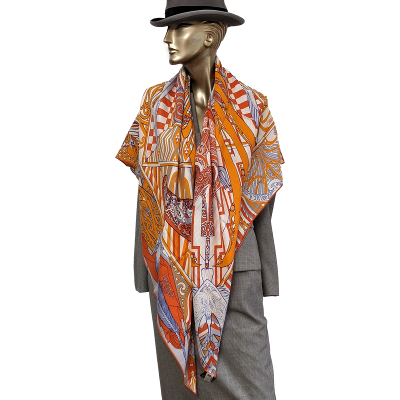 Hermes Orange/Blanc/Bleu "Kawa Ora" by Te Rangitu Netana Cashmere Shawl 140