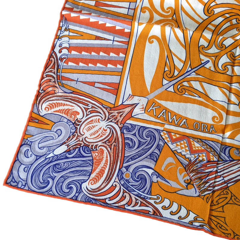 Hermes Orange/Blanc/Bleu "Kawa Ora" by Te Rangitu Netana Cashmere Shawl 140