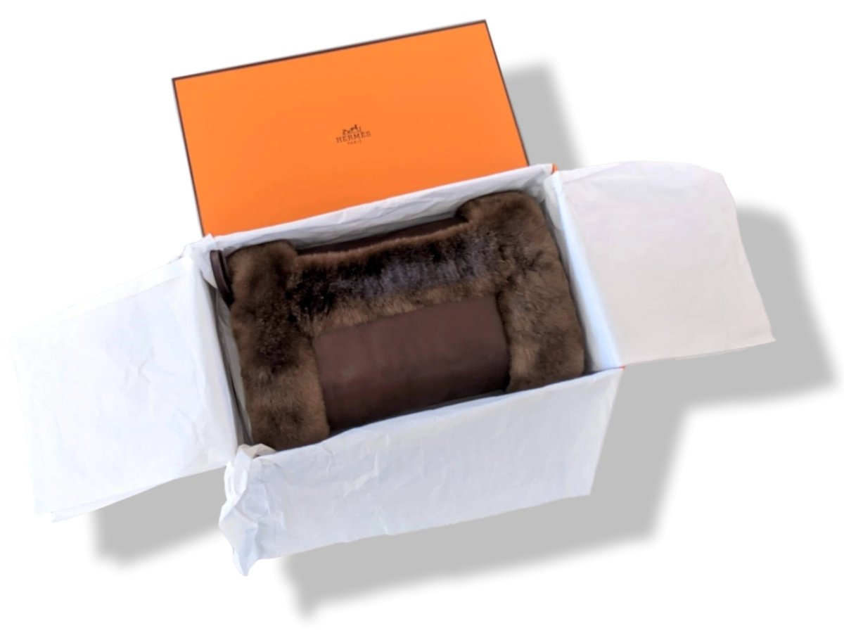 Hermes [L17] Marvelous Moka Glace Agneau/Ragondin POLE NORD MANCHON Lambskin and Nutria Fur Muff, BNIB! - poupishop