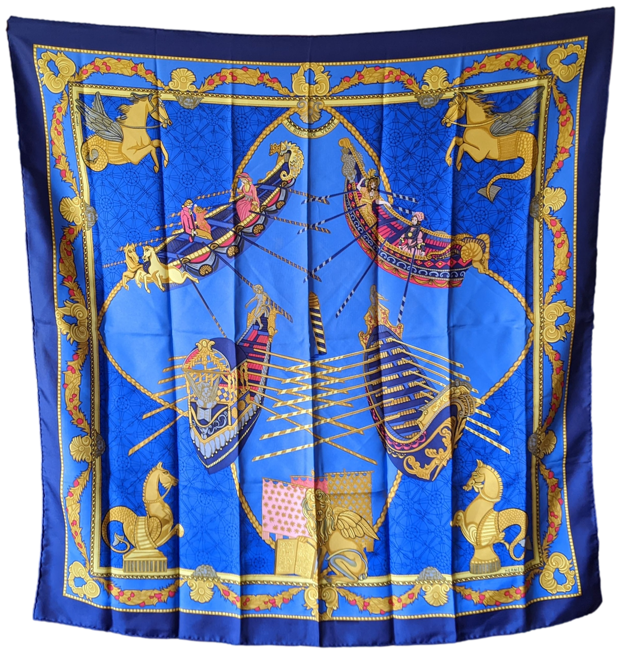 Hermes 1988 Bleu " Les Bissone de Venise " Twill 90 x 90 cm