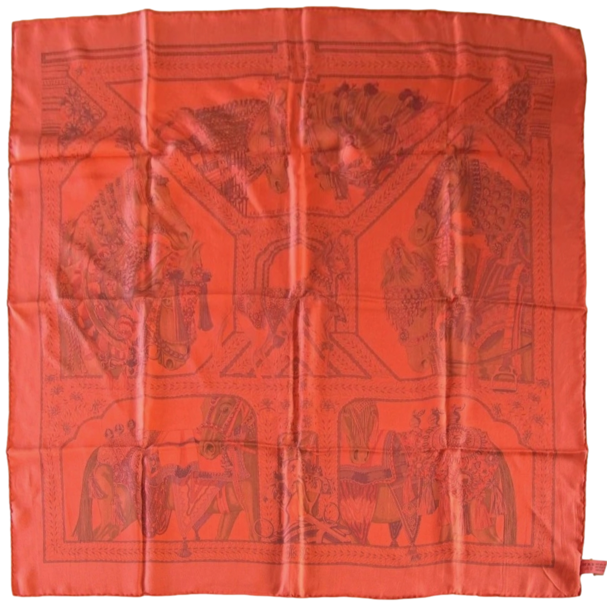 Hermes Grenaline/Corail/Rouge LA DANSE DU CHEVAL DE MARWARI by Annie Faivre Dip Dye Surteint Silk Twill Scarf Carre 90cm