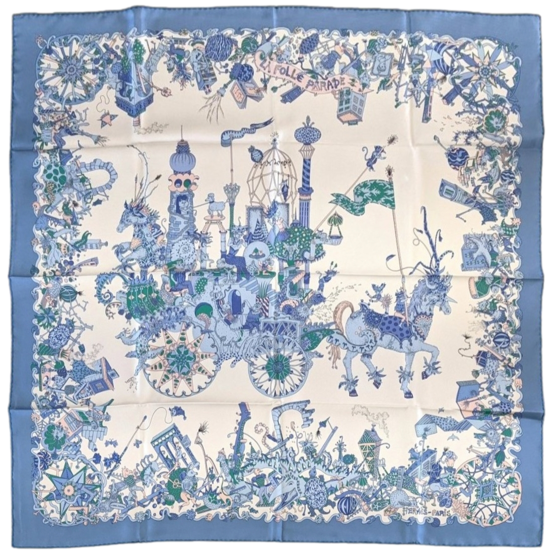 Hermes Bleu Jean/Blanc/Rose LA FOLLE PARADE by Claire Fanjul Twill Carre 90cm