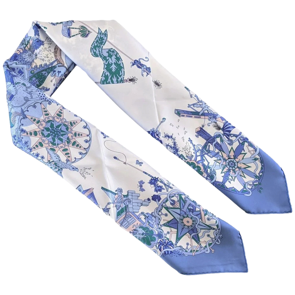 Hermes Bleu Jean/Blanc/Rose LA FOLLE PARADE by Claire Fanjul Twill Carre 90cm