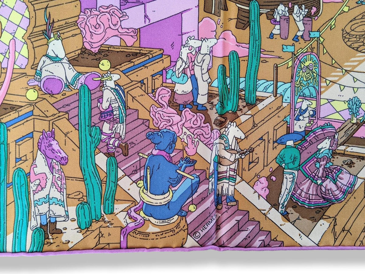 Hermes [AC6] Mauve/Aqua/Camel LA LEGENDE DU CHEVAL A PLUMES by Ugo Gattoni Twill Carre 90 cm, BNWTIB!