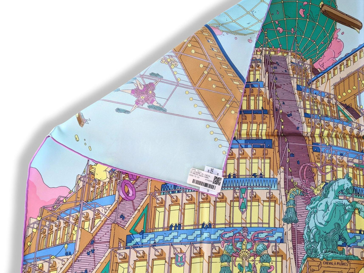 Hermes [AC6] Mauve/Aqua/Camel LA LEGENDE DU CHEVAL A PLUMES by Ugo Gattoni Twill Carre 90 cm, BNWTIB!