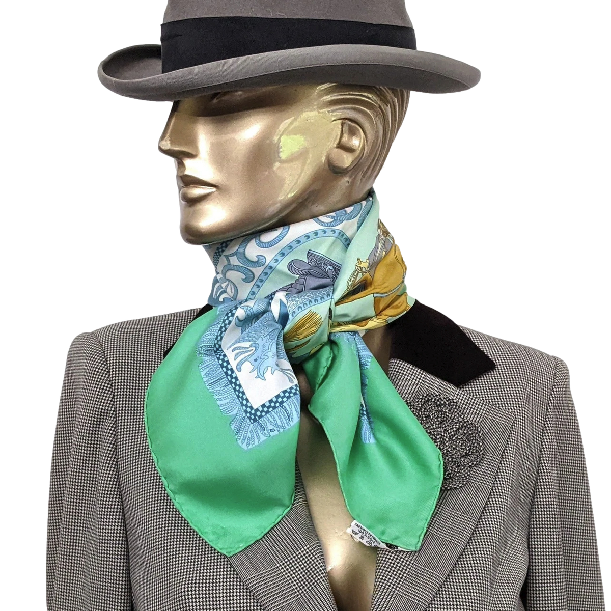 Hermes 1985 Vert/Bleu/Blanc "La Presentation" by Christiane Vauzelles Twill 90cm