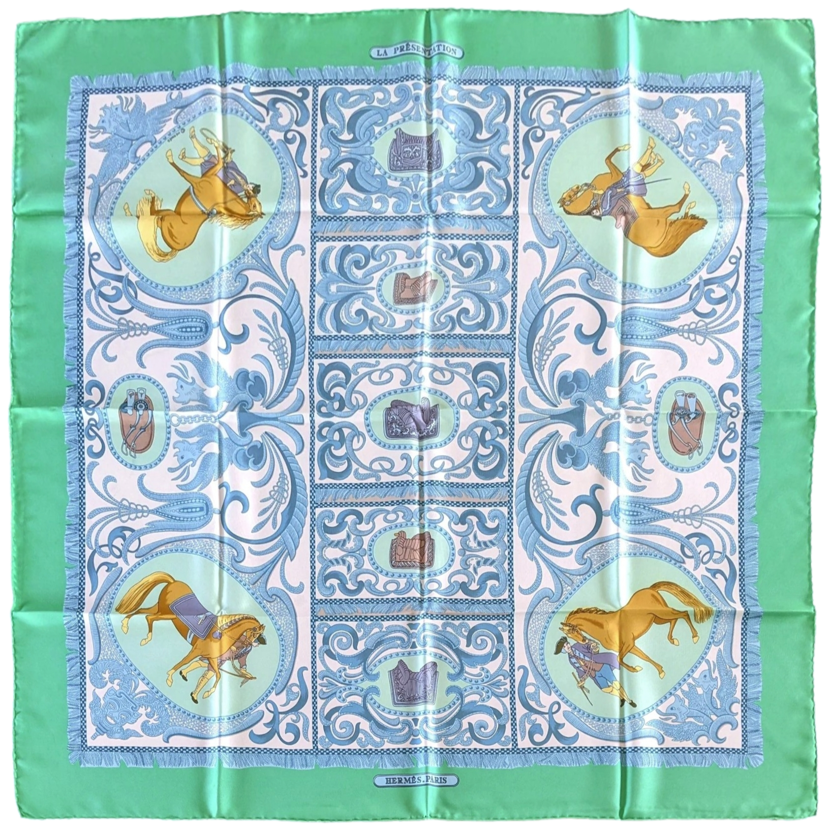 Hermes 1985 Vert/Bleu/Blanc "La Presentation" by Christiane Vauzelles Twill 90cm