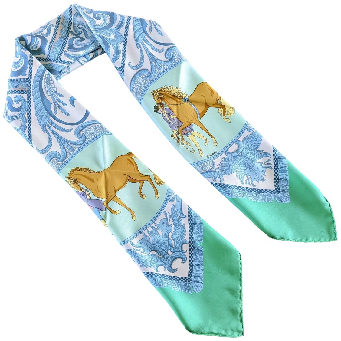 Hermes 1985 Vert/Bleu/Blanc "La Presentation" by Christiane Vauzelles Twill 90cm