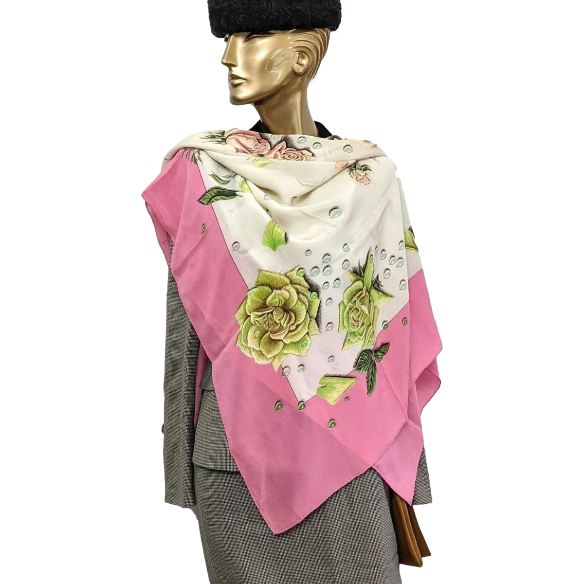 Hermes 1960s Vintage Rose Bonbon/Blanc Silk Georgette LA ROSEE Crepe GM Shawl 140 CM