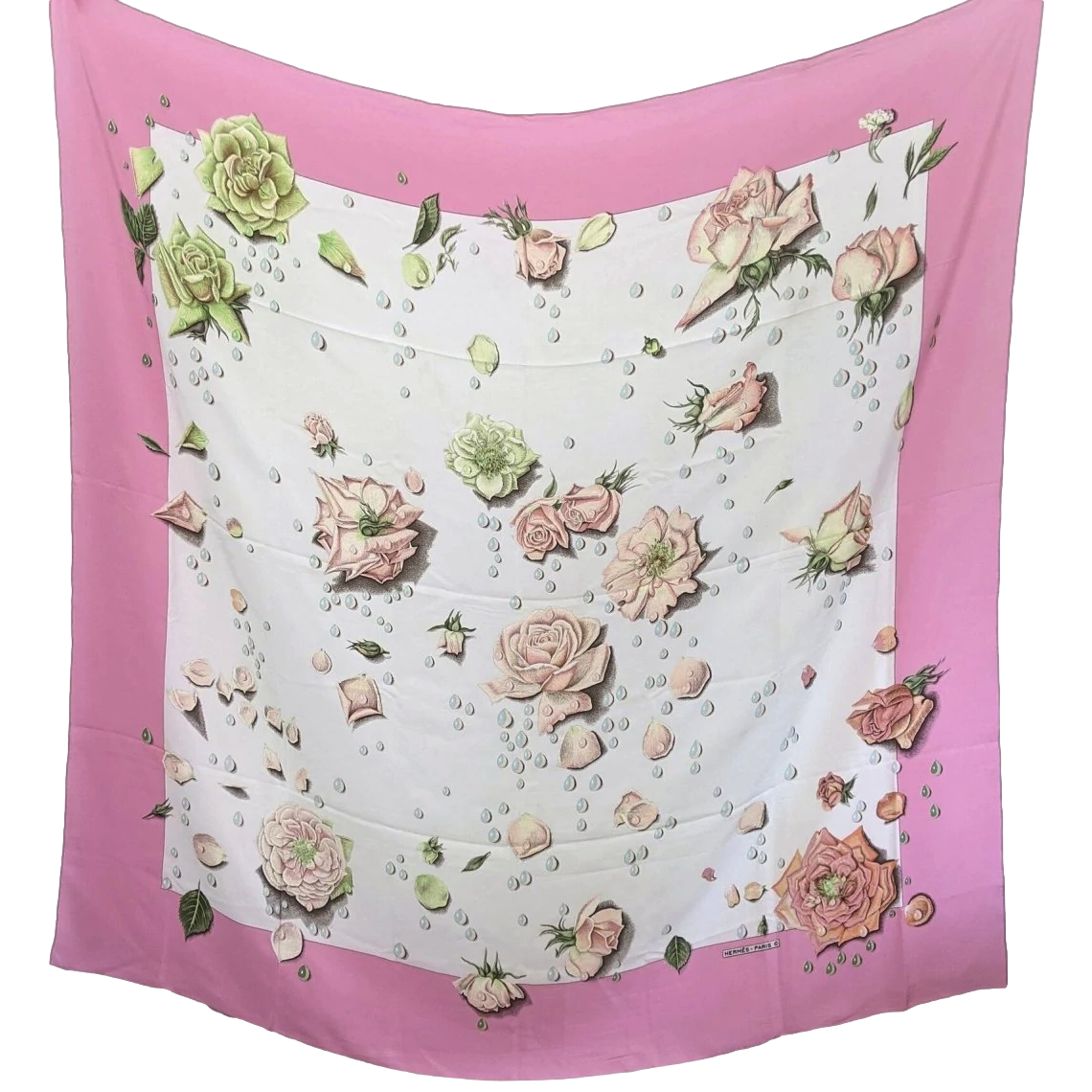 Hermes 1960s Vintage Rose Bonbon/Blanc Silk Georgette LA ROSEE Crepe GM Shawl 140 CM
