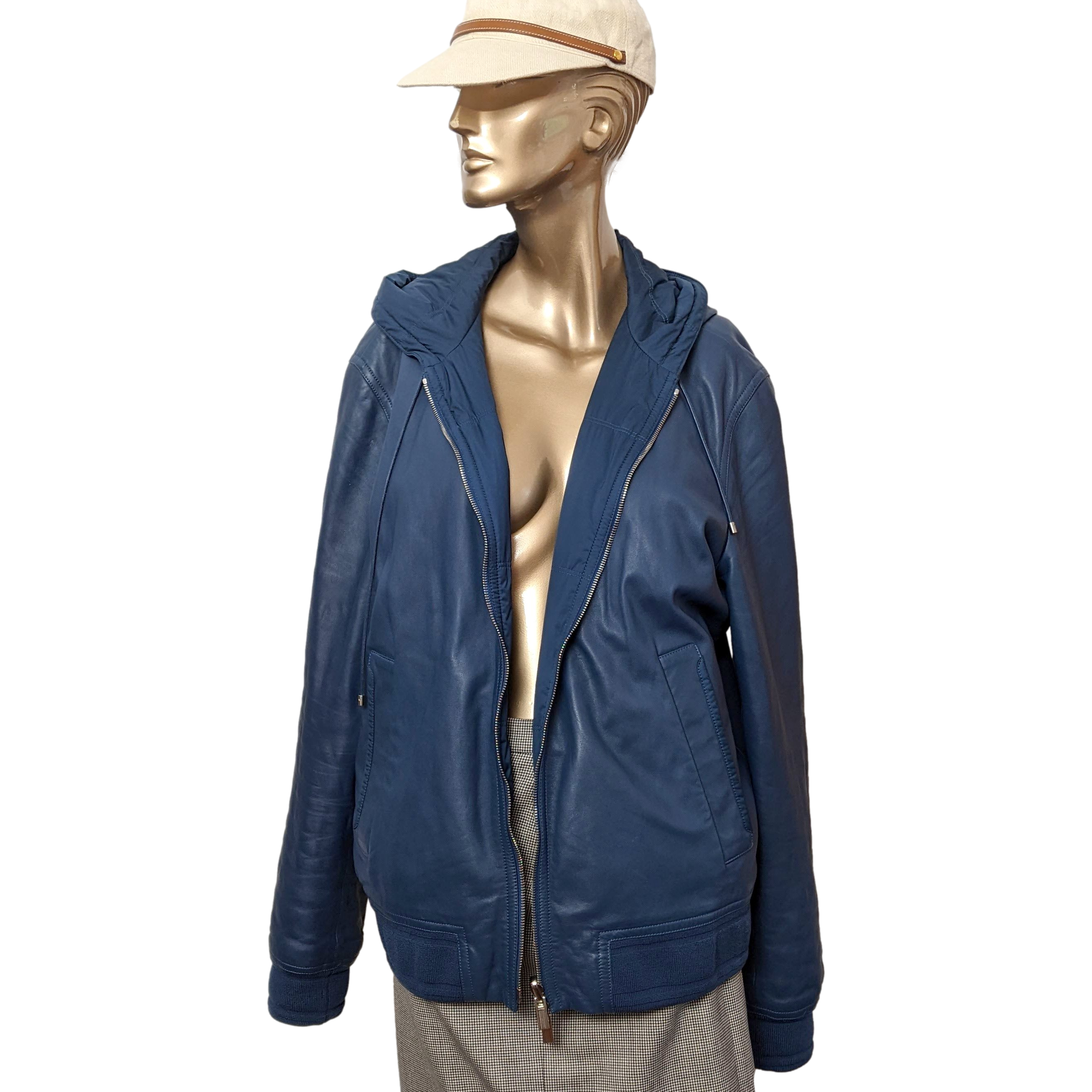 Hermes Men's Bleu de Prusse Lambskin Reversible Hooded Jacket Sz54